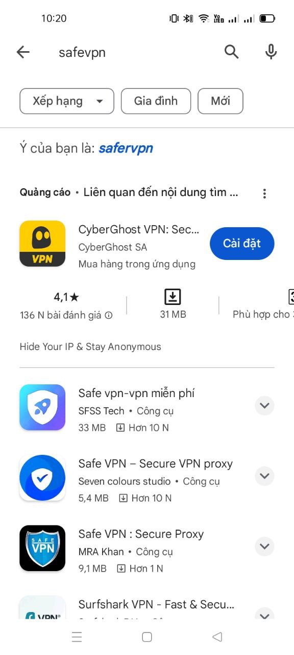 Tìm kiếm ứng dụng SafeVPN trên cửa hàng CH - Play
